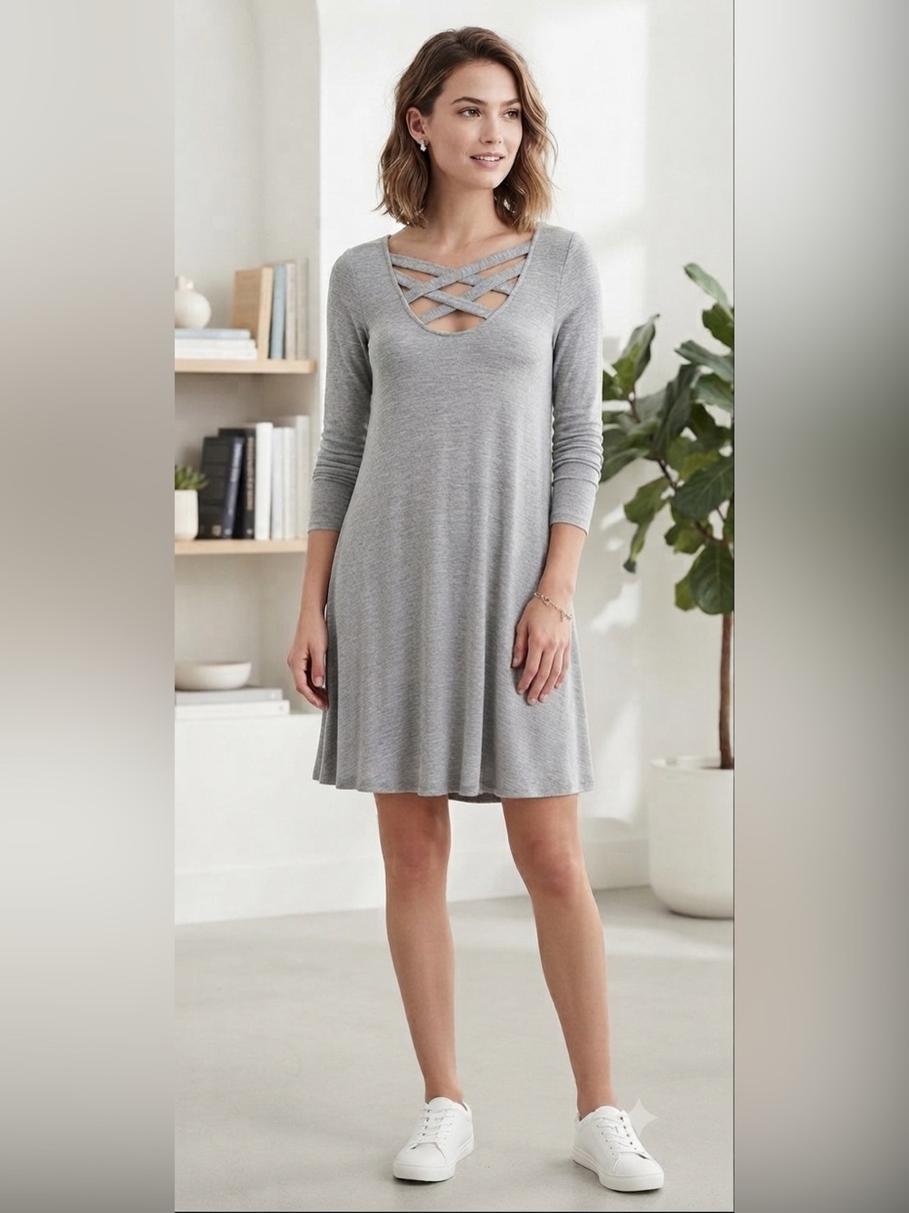 American Eagle Gray Lattice Dress XS - Super Stretchy & Soft!